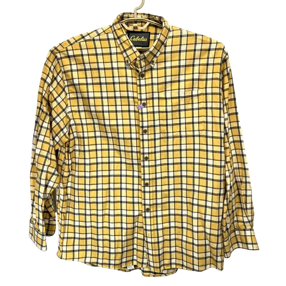 Cabela's Mens Size 2XLT Long Sleeve Button Down Flannel Shirt Yellow Plaid
